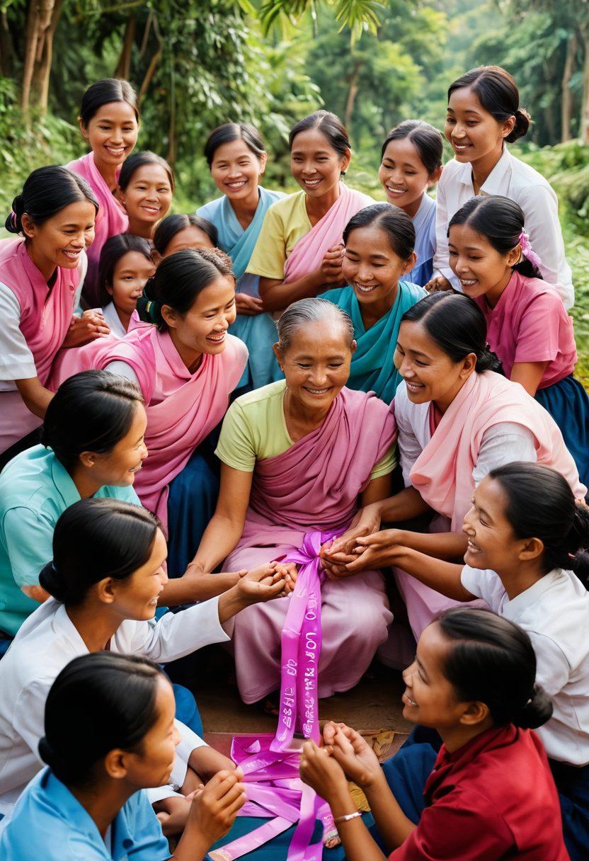 A compassionate scene depicting a diverse group of people in Myanmar, engaged in a community workshop on cancer awareness. Include elements of hope, such as vibrant ribbons and informational posters on cancer support. Show supportive interactions, with smiles and comforting gestures, set against a backdrop of lush greenery. Emphasize warmth and unity, reflecting empowerment and resilience. super-realistic. vibrant colors. 3D.