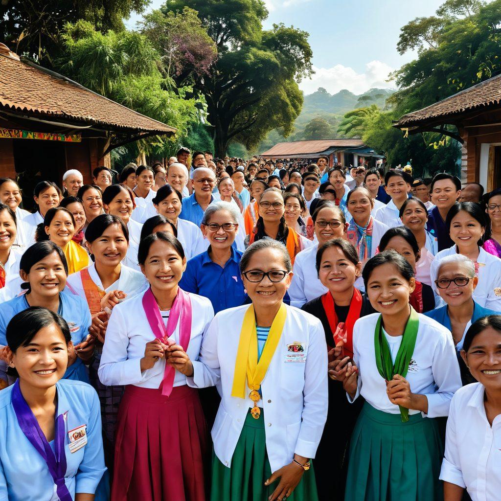 A vibrant community gathering in Myanmar, showcasing diverse cancer survivors and advocates connected by colorful ribbons symbolizing hope. Joyful expressions, sharing stories, and mutual support create a warm atmosphere. Background features traditional Myanmar architecture under a bright sky, with lush greenery reflecting resilience and empowerment. super-realistic. vibrant colors. 3D.