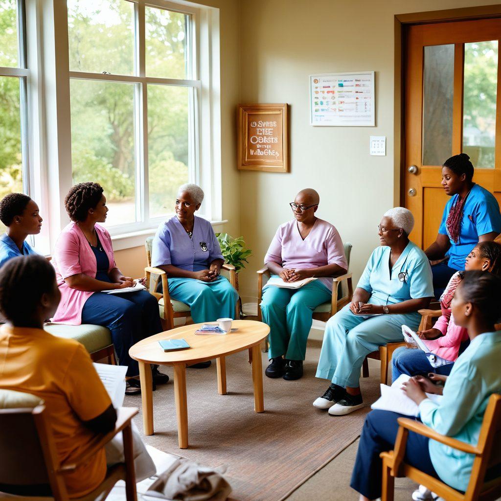 A compassionate care scene depicting a diverse group of patients engaging in a supportive community meeting, surrounded by educational materials about cancer treatment and resources. Incorporate symbols of hope and empowerment, like light and open doors, with people sharing experiences. The setting should be warm and inviting, with nature-inspired elements. super-realistic. vibrant colors. soft focus.